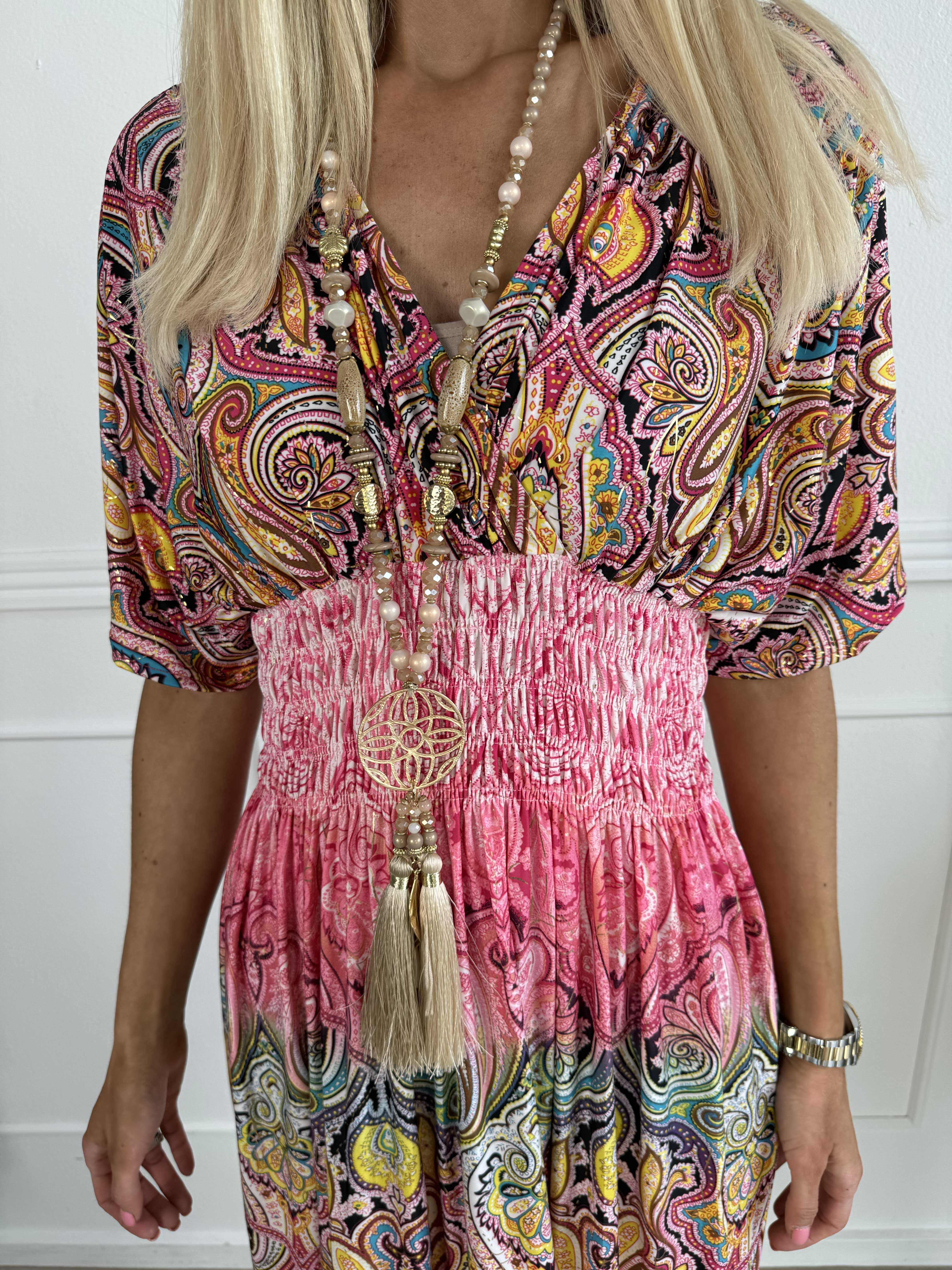 Pams Paisley short S/S - Mønstret elastisk kjole med smock